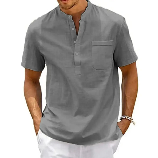 Camiseta Masculina Henley – Manga Curta Casual e Leve CINZA / US L 70-80 KG
