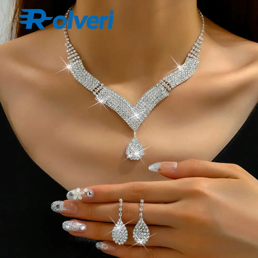 Conjunto de Joias 3 Peças – Colar e Brincos com Strass Prateado